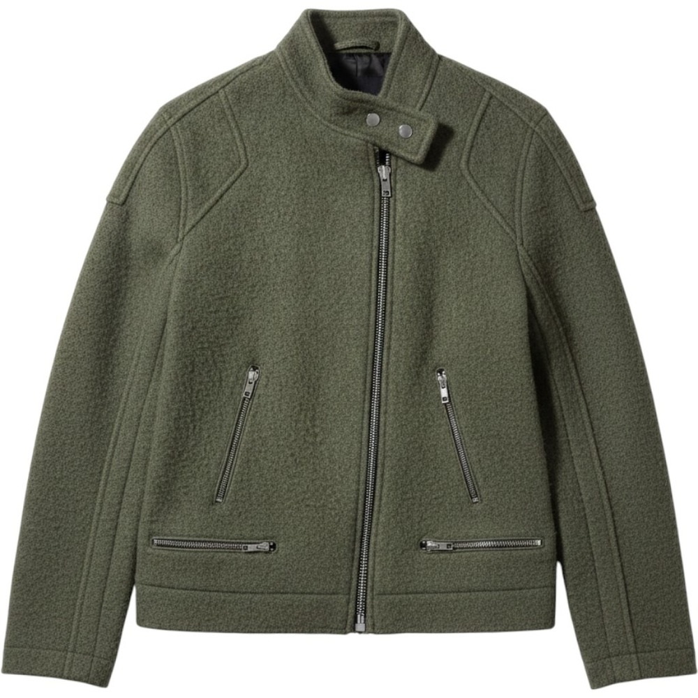 Zara Moto Jacket Women Small Olive Green Excellent Wool Blend Zip Biker Coat